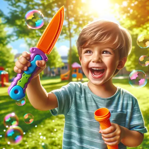 A cheerful child in a sunny park holding up a colorful plastic toy knife with an orange blade, purple and green handle, looking as if they have just c.webp