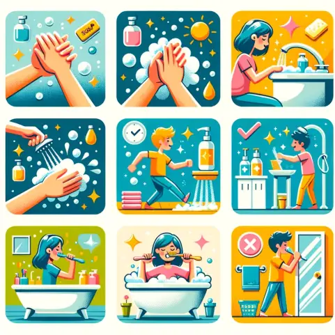 A colorful and engaging illustration depicting various personal hygiene activities. The scene includes a person washing hands with soap and water, ano.webp