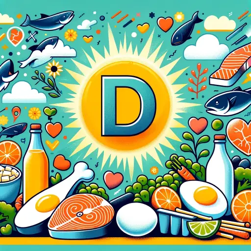 A colorful and engaging illustration representing the health benefits of Vitamin D. The image should include a bright sun in the sky, symbolizing the .webp