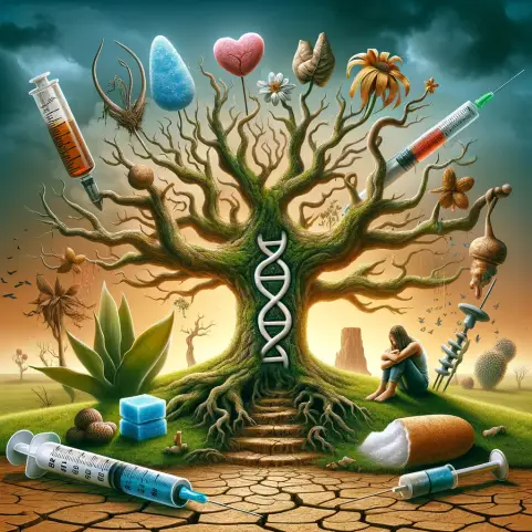 A conceptual illustration depicting the struggle with diabetes. In the center, there's a large, withered tree with a glucose molecule structure carved