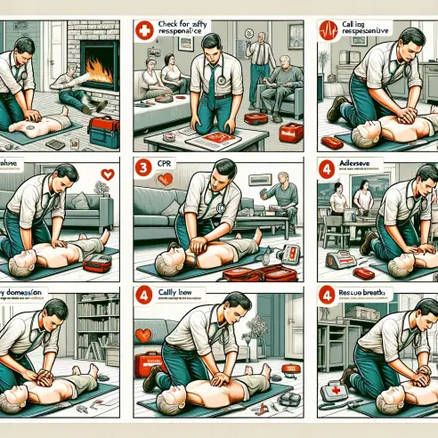 A detailed and informative illustration depicting a CPR guide titled 'CPR Guide_ A Life-Saving Technique'. The image shows a step-by-step process of p.webp