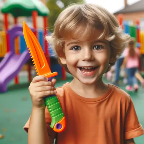 A joyful child in a playground holding a colorful plastic toy knife with an orange blade and a purple and green handle. The child is showing the toy k
