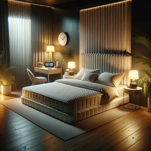 A peaceful bedroom designed for a healthy sleep environment. The room is dimly lit with soft ambient lighting, there's a comfortable bed with a plush .webp