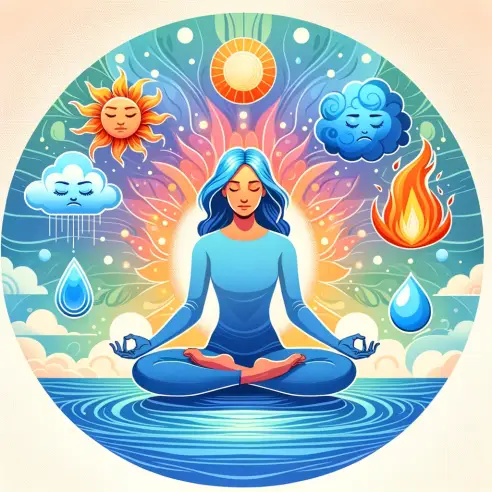 A serene and vibrant illustration that depicts the concept of emotional regulation skills. The image includes a person sitting in a peaceful lotus pos.webp