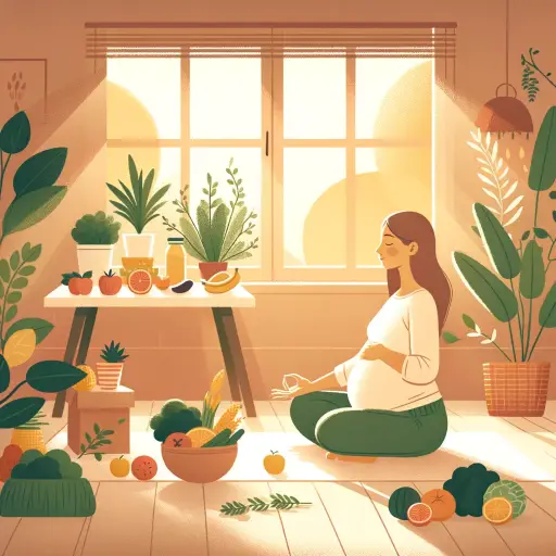 A serene and warm illustration of a pregnant woman at home, surrounded by healthy foods like fruits and vegetables, doing yoga in a peaceful room fill.webp