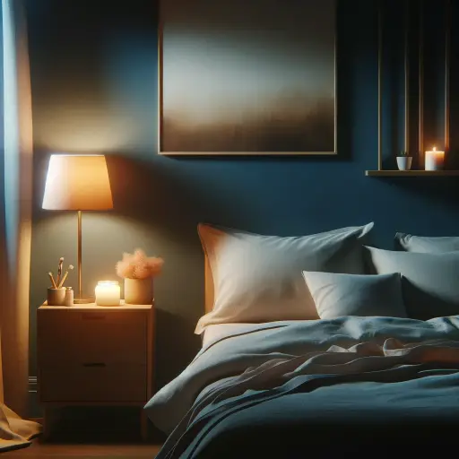 A tranquil bedroom scene at night, with a comfortable bed featuring soft, breathable bedding and a dim, warm bedside lamp casting a soothing glow. The.webp