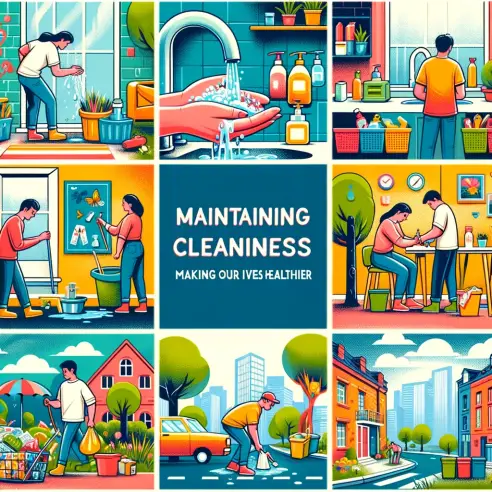 A vibrant and engaging illustration depicting the theme 'Maintaining Cleanliness_ Making Our Lives Healthier'. The image should feature a variety of e.webp