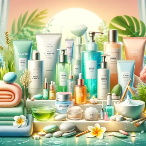 A vibrant and engaging image representing a healthy skincare routine. The image should include various skincare products like cleansers, toners, and m.webp