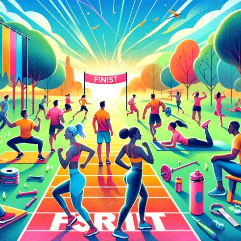 A vibrant and motivational illustration representing the theme 'Exercise Motivation_ The First Step Towards Your Healthy Life'. The image should depic.webp