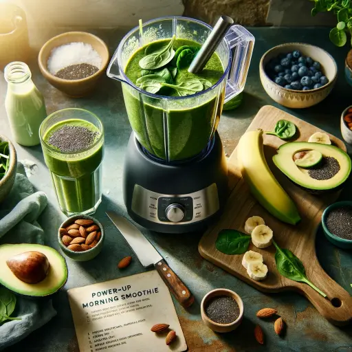 A vibrant kitchen counter in the morning light, with a blender full of a rich green health smoothie. Ingredients like fresh spinach leaves, sliced ban.webp