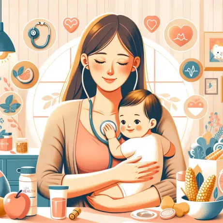 A warm and engaging illustration depicting a mother and her baby, focusing on their health and wellbeing. The mother, a middle-aged Asian woman, is lo.webp
