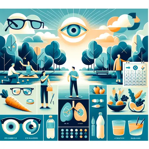 An artistic poster illustrating a healthy lifestyle for eye care without any text. The poster depicts a serene park setting with an individual practic.webp