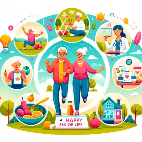 An illustration depicting the concept of 'Elderly Health Promotion_ Habits for a Happy Senior Life'. The image should feature a cheerful elderly coupl.webp