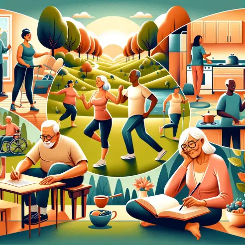 An illustration depicting the concept of 'Healthy Living in an Aging Society'. The image shows a diverse group of senior citizens engaged in various h.webp