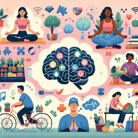 An illustration featuring a variety of brain health tips integrated into everyday life. In the center, a diverse group of people (Caucasian female, Hi.webp