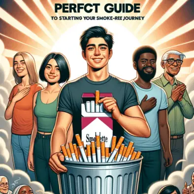 An illustration for a guidebook cover titled 'The Perfect Guide to Starting Your Smoke-Free Journey'. The cover features a diverse group of individual.webp