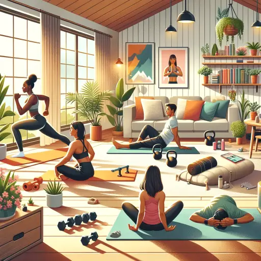 An illustration of a cozy, well-lit home interior with a diverse group of people engaging in different simple and effective exercise routines. The sce.webp