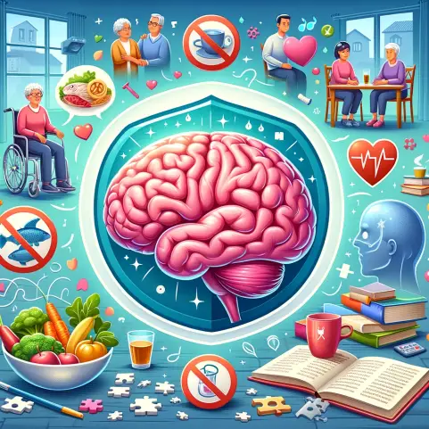 An illustration of a healthy brain surrounded by various elements symbolizing dementia prevention strategies. The brain is central and glowing with vi.webp