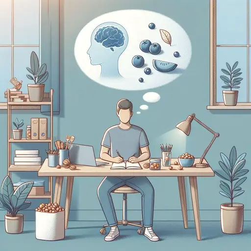 An illustration of a person sitting at a desk in a serene and organized workspace, with a clear mind bubble above their head symbolizing focus and con.webp