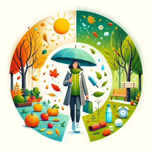An illustration of seasonal health management_ A person dressed in layers, holding an umbrella and a bottle of water, surrounded by symbols of health .webp