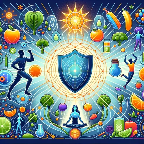An illustration showing an abstract and creative representation of immune system enhancement. The scene includes symbolic elements such as a shield re