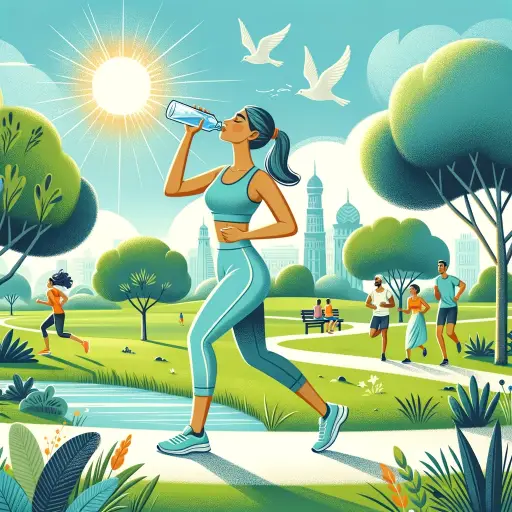 An illustration that embodies the concept of 'Drinking water every day, the first step for health.' It depicts a Middle-Eastern woman in a light blue .webp