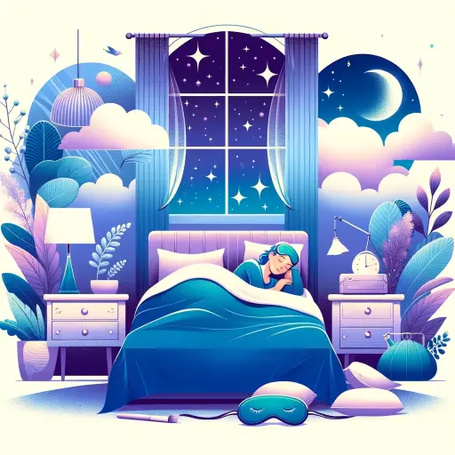 An illustration that embodies the concept of the importance of sleep for health and happiness. It should feature a serene bedroom with soft lighting, .webp