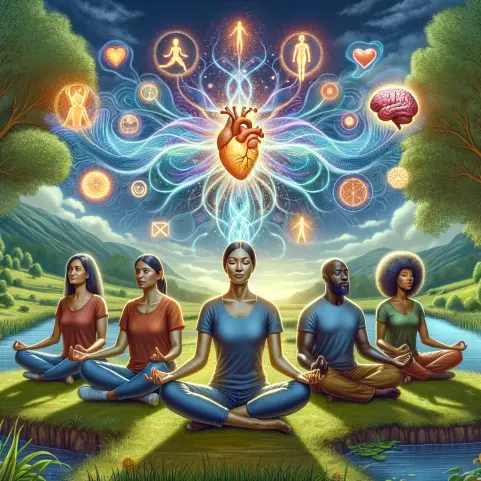 An illustration that represents the amazing impact of meditation on our health. The image includes a serene landscape with a diverse group of individu