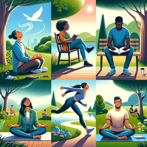 An illustrative image depicting five effective stress management techniques. The scene includes a diverse group of people in a serene park. The first .webp