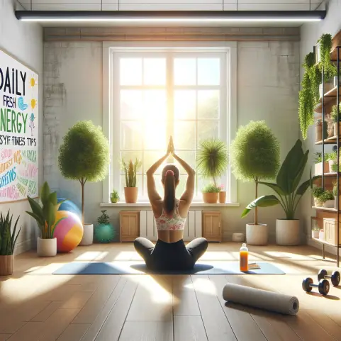 An image of a bright and airy home fitness area. In the center, there's a person of Middle-Eastern descent, wearing workout gear, doing yoga with a se.webp