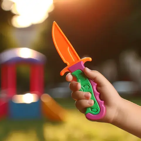 An image of a child's hand holding a colorful plastic toy knife with an orange blade and a purple and green handle. The child is playfully and safely .webp