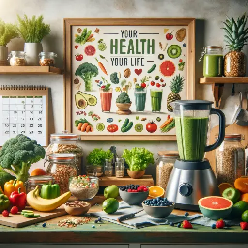 An image symbolizing 'The first step to maintaining health, a lifestyle full of nutrition'. Visualize a kitchen counter filled with a variety of color.webp