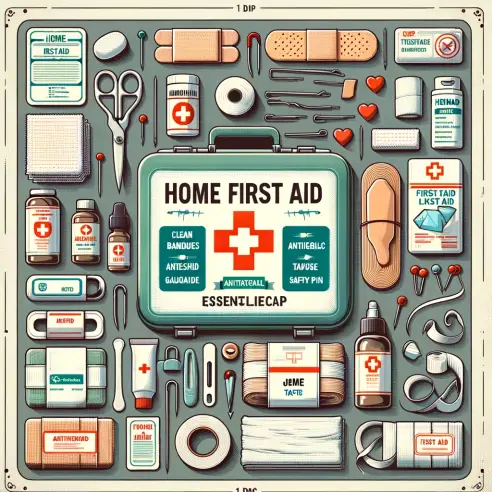 An informative and detailed illustration depicting the essential guidelines for home first aid. The image should include a well-organized first aid ki.webp