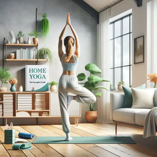 Create an image of a comprehensive guide to home yoga, featuring an individual practicing yoga in a serene and minimalistic living room. The scene inc.webp