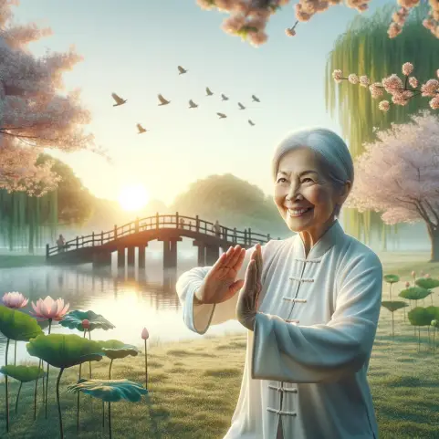 Create an image that represents the concept of longevity and healthy living. Visualize an elderly Asian woman with a radiant smile, practicing Tai Chi.webp