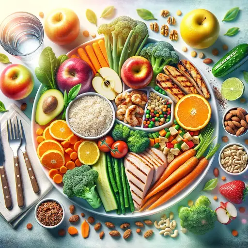 Illustrate a balanced diet that embodies the principle of 'The first step to maintaining health is a balanced diet of taste and nutrition.' The image 