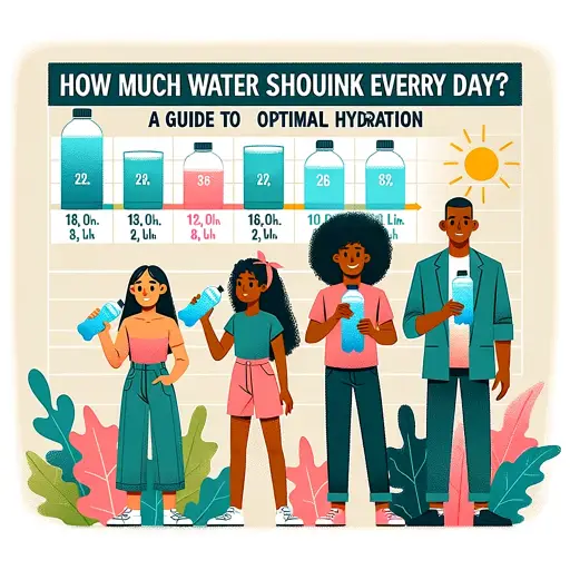 Illustration of a guide showing the optimal daily water intake, featuring a diverse range of people (an Asian woman, a Black man, a Hispanic child) ea