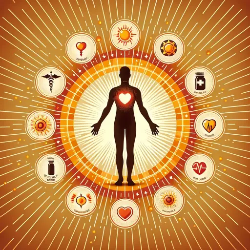 Illustration of a human body silhouette against a backdrop of a sunburst, with icons representing health benefits such as strong bones, a healthy hear