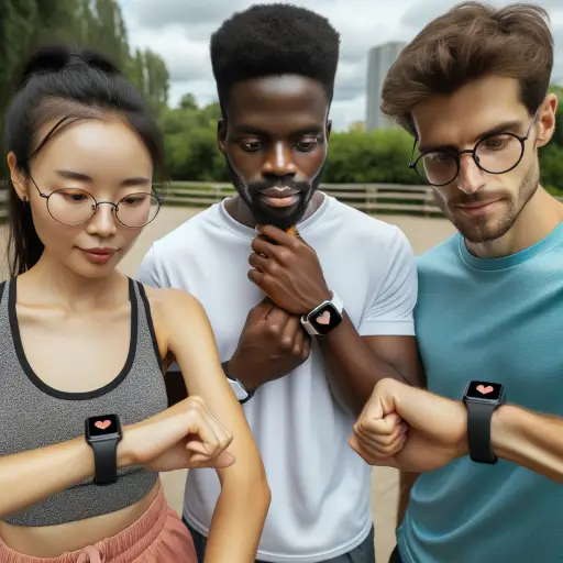 Photo of a diverse group of three people, an Asian woman, an African man, and a Caucasian man, all wearing sportswear with smartwatches on their wrist