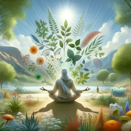 llustrate an image that represents the concept of 'Harnessing the power of nature for healing'. The image should depict a serene landscape with a div.webp