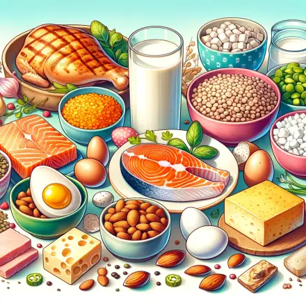 A colorful and detailed image showcasing a variety of protein sources. The image includes an array of foods such as grilled chicken, boiled eggs, a fi.webp
