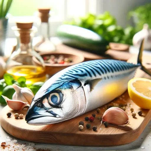 A fresh mackerel fish on a cutting board, surrounded by ingredients like lemon, garlic, and fresh herbs. The fish has shiny scales and clear eyes, ind.webp