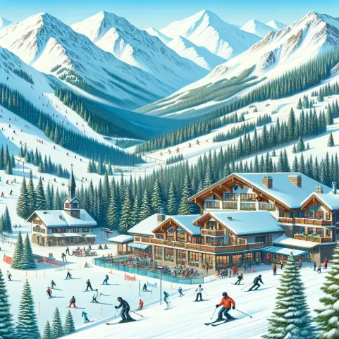 A lively ski resort scene in winter. The image features snow-covered slopes with skiers and snowboarders gliding down. There's a cozy mountain lodge i.webp