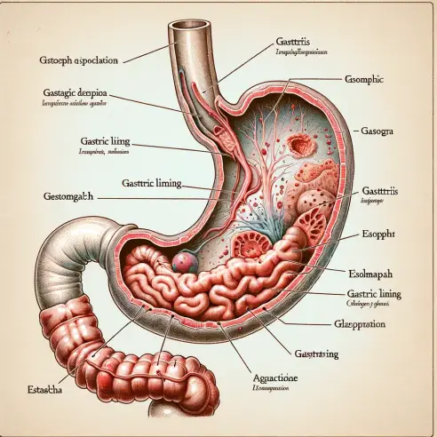 1A detailed illustration showing the anatomy of the human stomach affected by gastritis, highlighting areas of inflammation and irritation. The image i.webp
