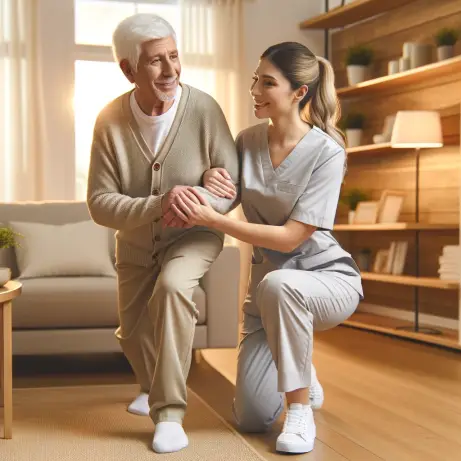 A compassionate and professional caregiver assisting an elderly person with their daily activities in a bright and comfortable living room. The caregi.webp