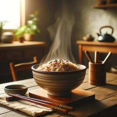 A cozy kitchen scene with a wooden table, on top of which sits a bowl filled with steaming hot brown rice (현미밥). The bowl is ceramic and has a traditi.webp