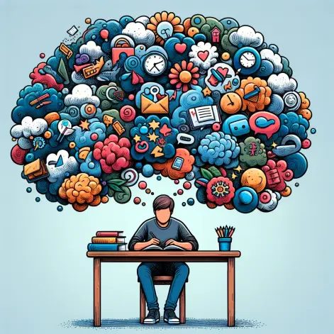 A creative and empathetic illustration showing a person sitting at a desk, surrounded by multiple thought bubbles. Each bubble contains different item.webp