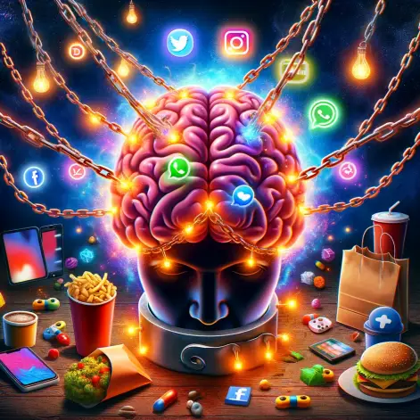 A digital illustration showing the concept of dopamine addiction in a metaphorical way. The scene depicts a human brain entangled in glowing, vibrant .webp