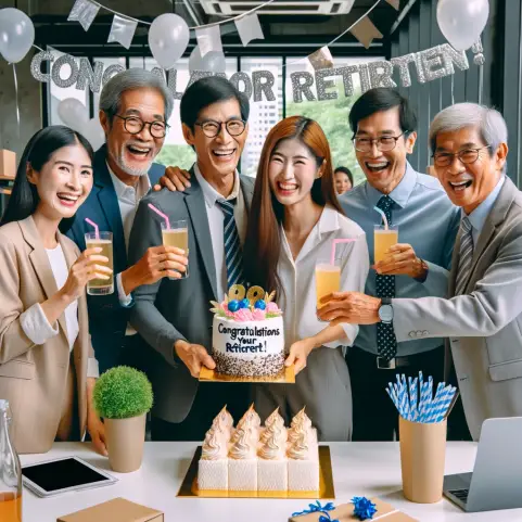 A heartwarming farewell party scene in an office, with a group of Asian colleagues celebrating. They are gathered around a table with a cake that says.webp