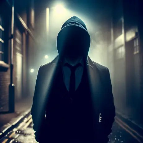 A mysterious figure standing in the shadows, partially illuminated by a streetlight. The figure's face is obscured, creating an aura of mystery and in.webp
